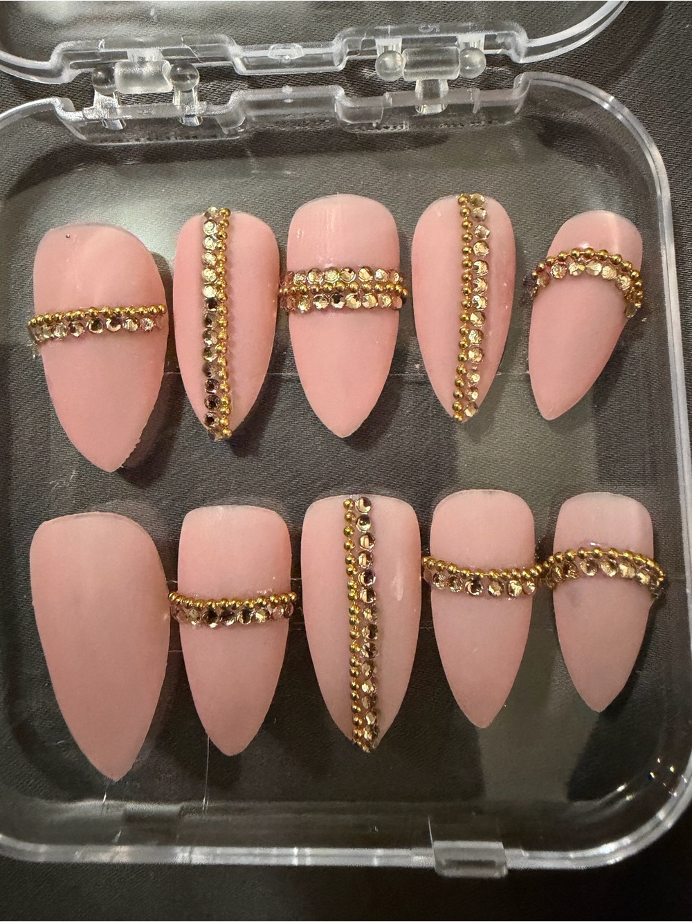 **NWT** Pink Matte Press-On Nails with Gold Rhinestone Accents